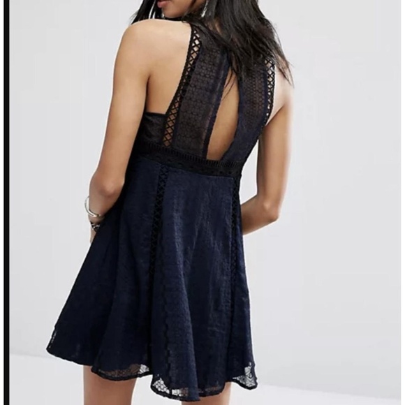 Free People Wherever You Go Mini Dress Size 4 Navy Blue Babydoll Lace Crochet - Picture 2 of 14